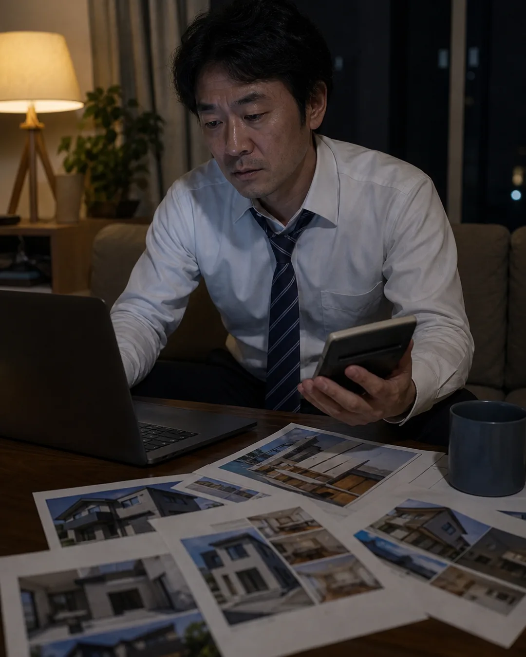 深夜のリビングで疲れた表情でPDFを開く40代男性