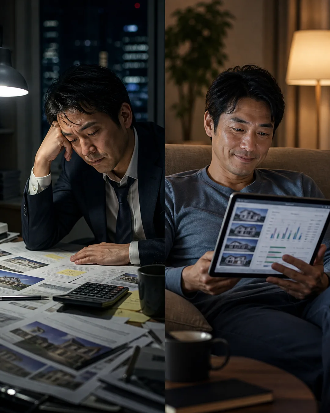 深夜にマイソクの山を電卓で叩き直す投資家と、日曜の朝にPCで一括判定を終えて寛ぐ同じ人物のビフォーアフター